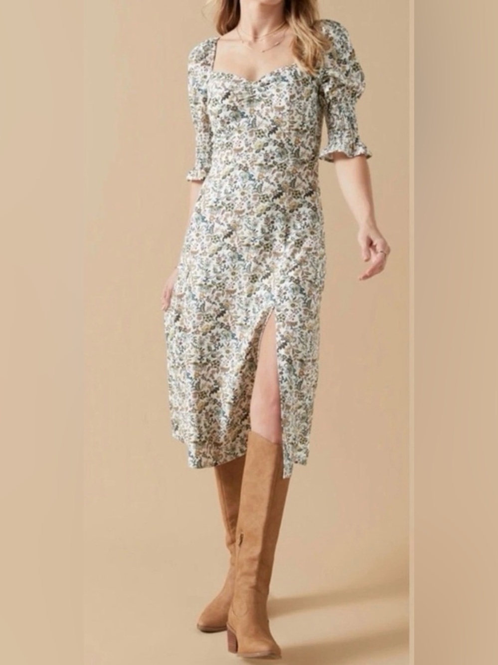 Audrey Parks x Francesca's Bobbi Botanical Floral Midi Dress Sz L Cottagecore